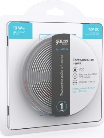 Лента светодиодная GAUSS BT034 basic 12v 10w/m 700lm/m 4000k ip20 led 1m