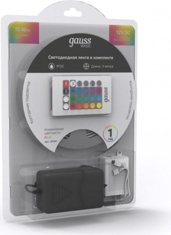 Лента светодиодная GAUSS BT041 basic в комплекте 12v 10w/m 700lm/m rgb ip20 led 3 Лента светодиодная GAUSS BT041 basic в комплекте 12v 10w/m 700lm/m rgb ip20 led 3