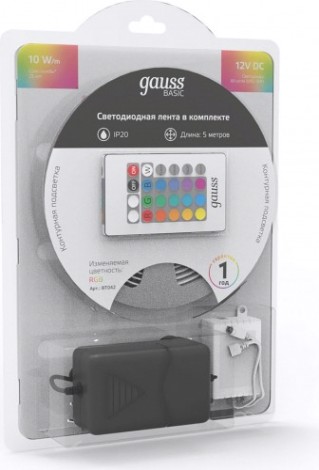 Лента светодиодная GAUSS BT042 basic в комплекте 12v 10w/m 700lm/m rgb ip20 led 5 Лента светодиодная GAUSS BT042 basic в комплекте 12v 10w/m 700lm/m rgb ip20 led 5