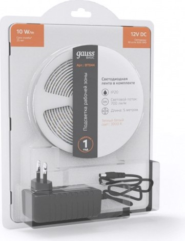 Лента светодиодная GAUSS BT044 basic в комплекте 12v 10w/m 700lm/m 3000k ip20 led Лента светодиодная GAUSS BT044 basic в комплекте 12v 10w/m 700lm/m 3000k ip20 led
