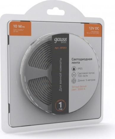 Лента светодиодная GAUSS BT051 basic 12v 10w/m 700lm/m 3000k ip65 led 5m Лента светодиодная GAUSS BT051 basic 12v 10w/m 700lm/m 3000k ip65 led 5m