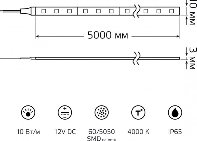 Лента светодиодная GAUSS BT053 basic 12v 10w/m 700lm/m 4000k ip65 led 5m