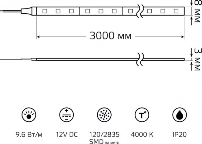Лента светодиодная GAUSS BT063 basic 12v 9,6w/m 624lm/m 4000k ip20 led 3m Лента светодиодная GAUSS BT063 basic 12v 9,6w/m 624lm/m 4000k ip20 led 3m