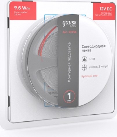 Лента светодиодная GAUSS BT066 basic 12v 9,6w/m 624lm/m красный ip20 led 3m Лента светодиодная GAUSS BT066 basic 12v 9,6w/m 624lm/m красный ip20 led 3m