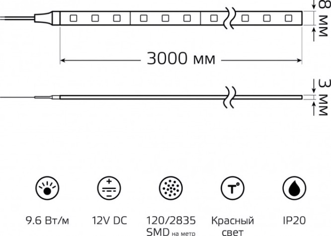 Лента светодиодная GAUSS BT066 basic 12v 9,6w/m 624lm/m красный ip20 led 3m Лента светодиодная GAUSS BT066 basic 12v 9,6w/m 624lm/m красный ip20 led 3m