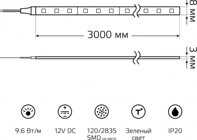 Лента светодиодная GAUSS BT068 basic 12v 9,6w/m 624lm/m зеленый ip20 led 3m