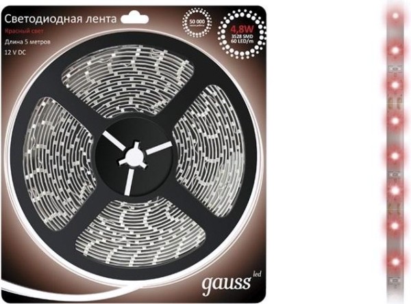 Лента светодиодная GAUSS EB311000705 led 3528/60-smd 4.8w 12v dc красный ip66 (блистер