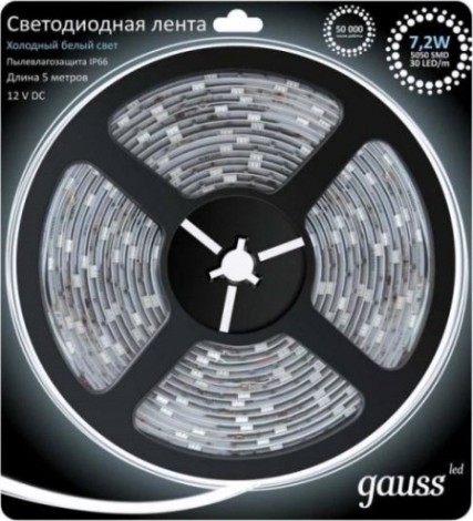 Лента светодиодная GAUSS LED 5050/30-smd 7.2w 12v dc холодный белый ip66 (блист [311000307]