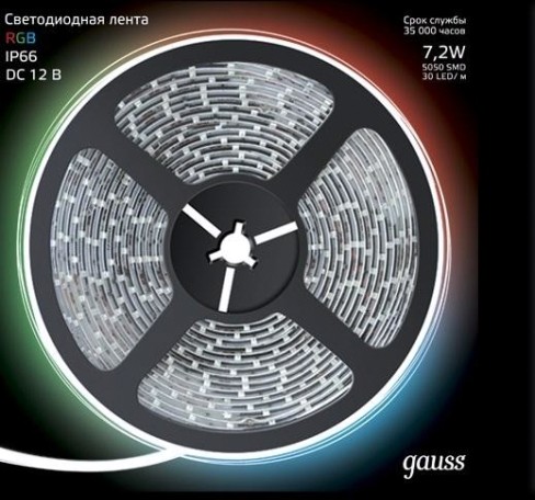 Лента светодиодная GAUSS LED 5050/30-smd 7.2w 12v dc rgb (блистер 5м) [312000407]