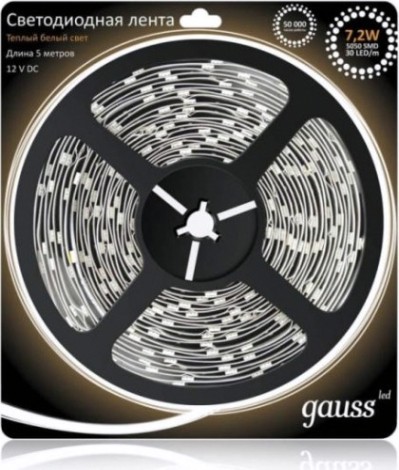 Лента светодиодная GAUSS LED 5050/30-smd 7.2w 12v dc теплый белый (блистер 5м) [312000107]