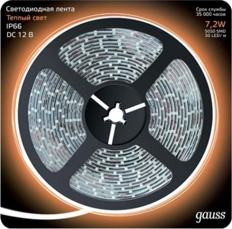 Лента светодиодная GAUSS LED 5050/30-smd 7.2w 12v dc теплый белый ip66 (блистер [311000107]