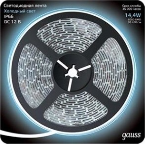 Лента светодиодная GAUSS LED 5050/60-smd 14.4w 12v dc холодный белый ip66 (блис [311000314]