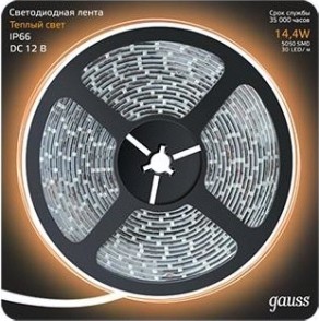 Лента светодиодная GAUSS LED 5050/60-smd 14.4w 12v dc теплый белый ip66 (блисте [311000114]