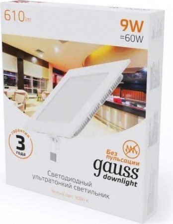 Потолочный светодиодный светильник GAUSS 940 111 109 slim квадрат 9w 610lm 3000k [940111109]
