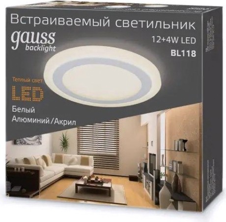 Потолочный светодиодный светильник GAUSS Backlight круг 12+4w 960lm 3000k 3 реж led [BL118]