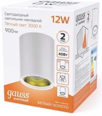 Потолочный светодиодный светильник GAUSS HD010 overhead накл цил 12w 900lm 3000k белый золото Потолочный светодиодный светильник GAUSS HD010 overhead накл цил 12w 900lm 3000k белый золото