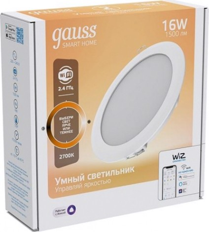 Потолочный светодиодный светильник GAUSS Smart home даунлайт 16w 1500lm 2700к 220-240v ip20 165*38мм д [2020122]