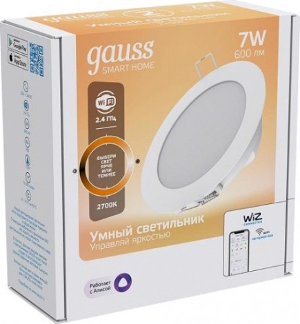 Потолочный светодиодный светильник GAUSS Smart home даунлайт 7w 600lm 2700к 220-240v ip20 105*35мм дим [2010122]