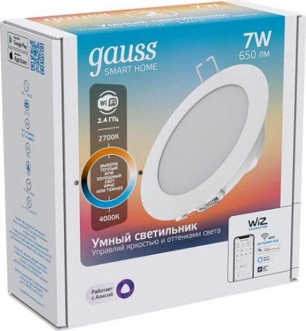 Потолочный светодиодный светильник GAUSS Smart home даунлайт 7w 650lm 2700-4000к 220-240v ip20 105*35м [2030122]