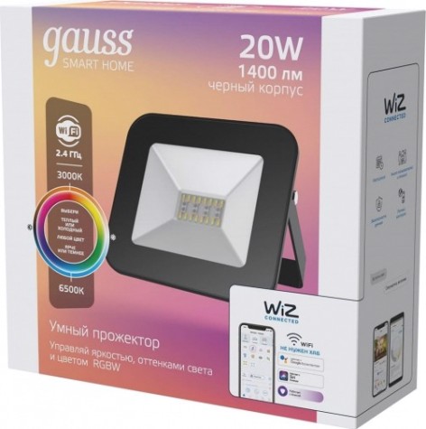 Прожектор GAUSS 3560132 smart home 20w черный rgbw+изм.цв.темп.+диммирован Прожектор GAUSS 3560132 smart home 20w черный rgbw+изм.цв.темп.+диммирован