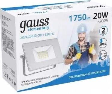 Прожектор GAUSS Elementary 20w 1750lm 6500k 200-240v ip65 белый led [613120320]