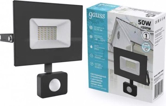 Прожектор GAUSS Elementary 50w 3450lm 6500к 175-265v ip65 черный с датчиком д [628511350]