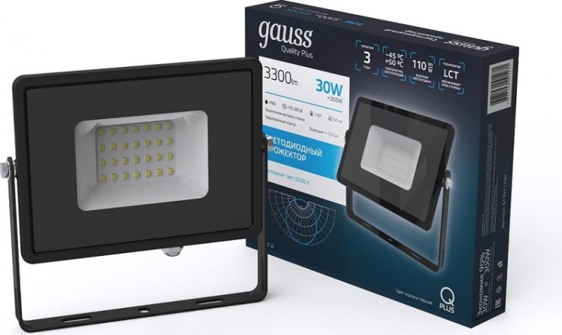Прожектор GAUSS Qplus 30w 3300lm 6500k 175-265v ip65 черный led [613511330]