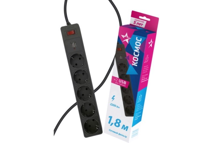 Сетевой фильтр КОСМОС FKsm1.8m-5g с заземлением 3*0,75мм², черный [FKsm1.8m-5g(B)USB]