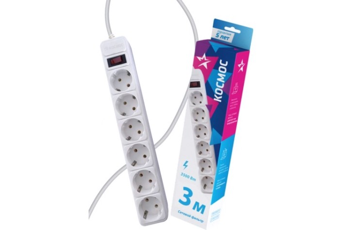 Сетевой фильтр КОСМОС FKsm3m-6g с заземлением 3*1,00 мм², белый [FKsm3m-6g(W)16A]