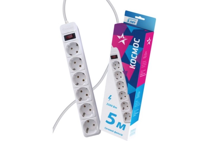 Сетевой фильтр КОСМОС FKsm5m-6g с заземлением 3*1,00 мм², белый [FKsm5m-6g(W)16A]
