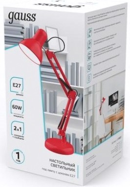 Светильник настольный GAUSS GTL002 60w 220-240v e27 красный струбцина и основание [GT0024]