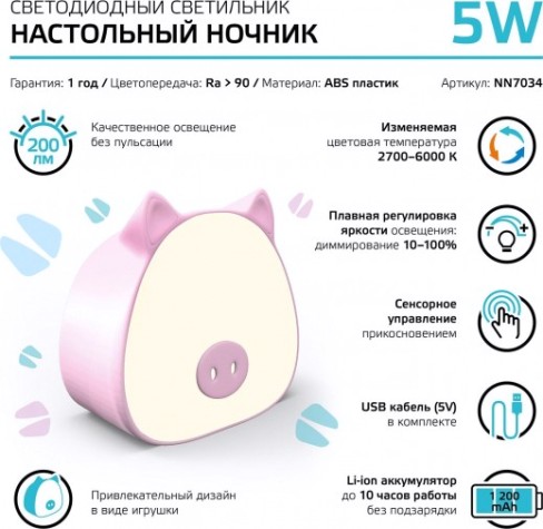 Светильник ночник настольный GAUSS Qplus GTL703 5V Li-ion 1200mA розовый диммируемый [NN7034]