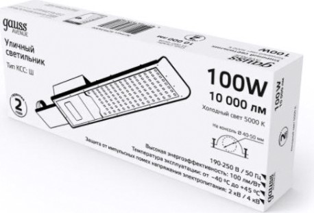 Светильник уличный GAUSS Avenue 100w 10000lm 5000k 190-250v ip65 420*160*57мм черн [629534300]