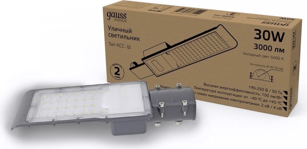 Светильник уличный GAUSS Avenue 30w 3000lm 5000k 190-250v ip65 316*130*57мм черный [629534330]