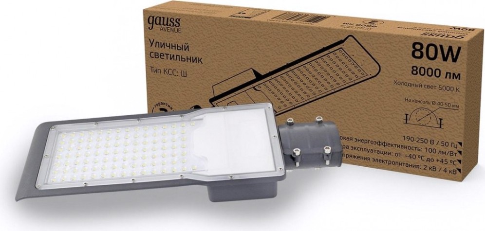 Светильник уличный GAUSS Avenue 80w 8000lm 5000k 190-250v ip65 420*160*57мм черный [629534380]