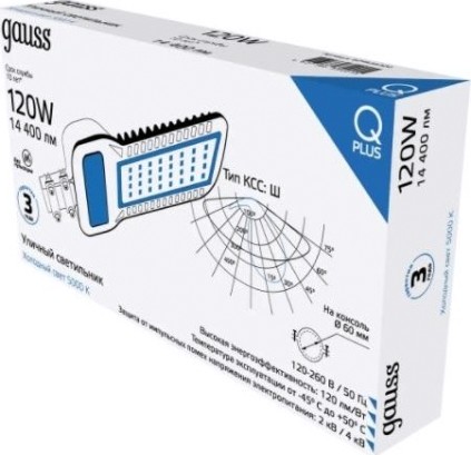 Светильник уличный GAUSS Qplus 120w 14400lm 5000k 120-260v ip65 535*260*64мм черн [629535320]