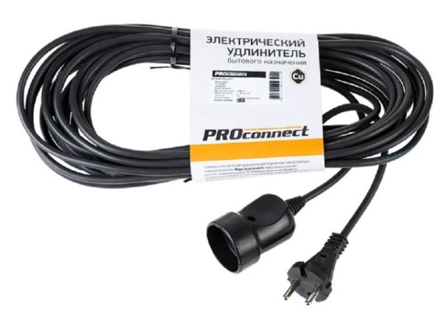 Удлинитель без катушки Proconnect 11-7114 ПВС 2х0.75, 10 м, б/з, 6A, 1300 Bт, ip20, черный