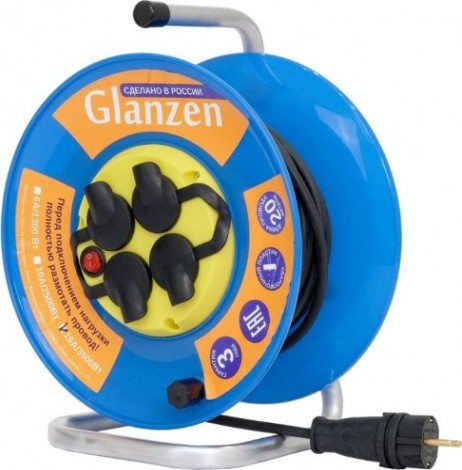Удлинитель на катушке GLANZEN EB-20-009 силовой КГ 3х1,5 ip44 с выкл. 4 гн.