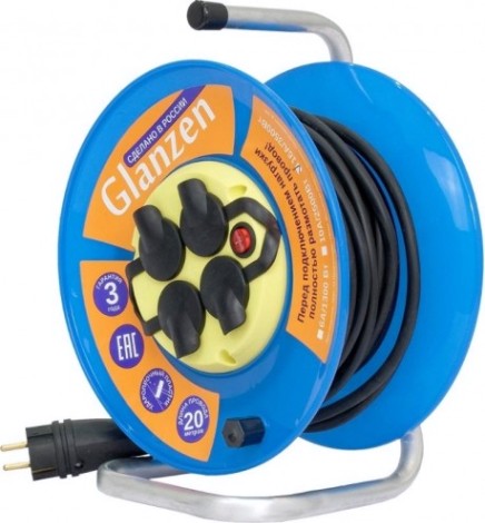 Удлинитель на катушке GLANZEN EB-20-011 силовой КГ 3х2,5 ip44 с выкл. 4 гн.