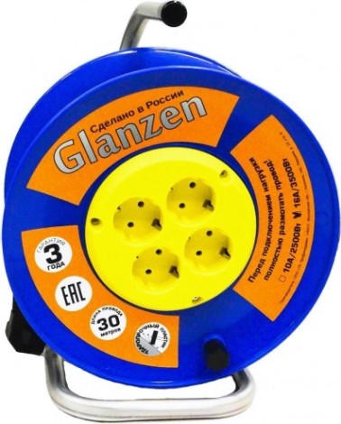 Удлинитель на катушке GLANZEN EB-30-019 силовой 4 гн. пвс 3х1,5